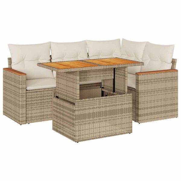 vidaXL 5 Piece Patio Sofa Set with Cushions Beige Poly Rattan Acacia