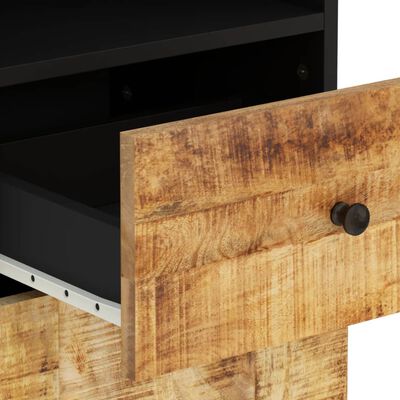 Drawer pulled out showing interior of rustic wood cabinet with black interior and metal runner