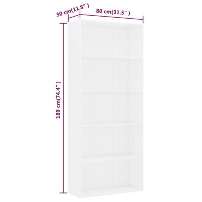 vidaXL 5-Tier Book Cabinet White 31.5"x11.8"x74.4" Engineered Wood