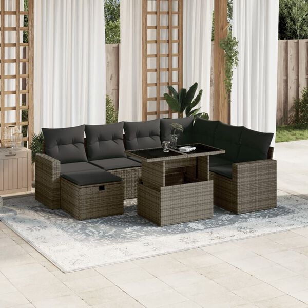 vidaXL Patio Sofa Set Grey PE rattan, powder-coated steel, fabric