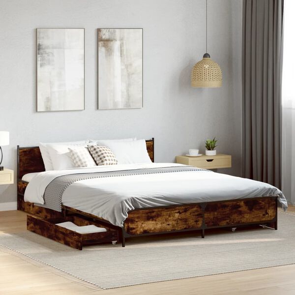 vidaXL Bed Frame Smoked Oak Engineered Wood, Steel Double Bed Frame