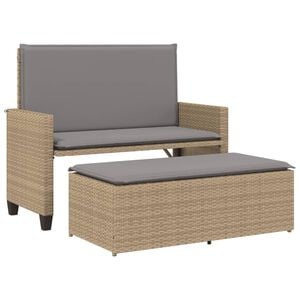 vidaXL Patio Bench with Cushions and Footstool Beige Poly Rattan