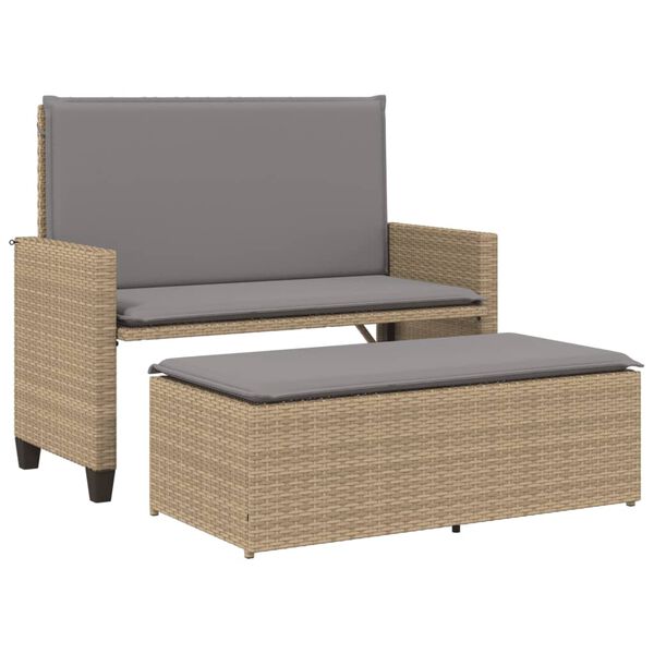 vidaXL Patio Bench with Cushions and Footstool Beige Poly Rattan