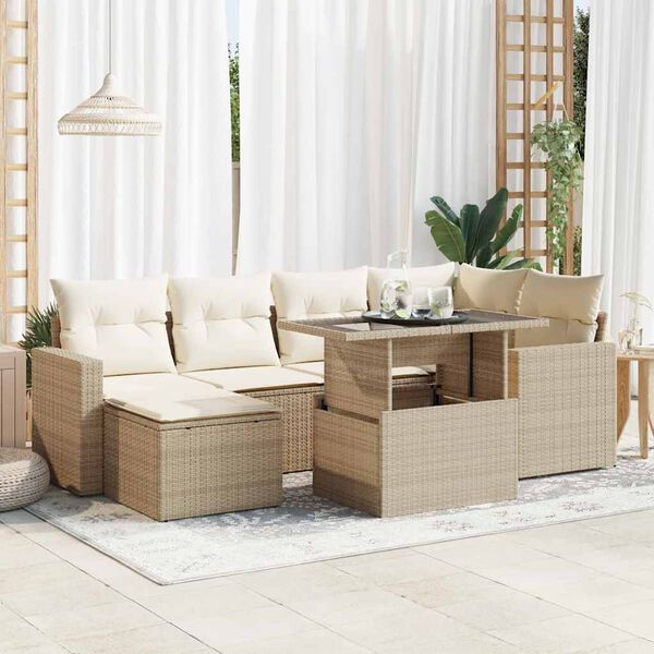 vidaXL Garden Sofa Set Beige PE Rattan 7 Piece Set Adjustable Armrests