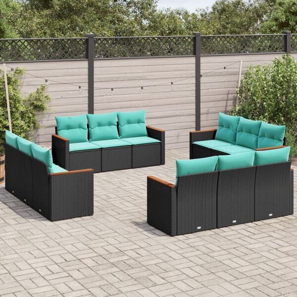 vidaXL Patio Sofa Set Black PE rattan, powder-coated steel, polyester fabric