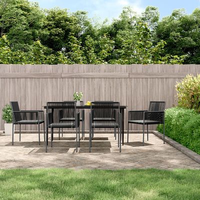 vidaXL 7 Piece Patio Dining Set with Cushions Black Poly Rattan and Steel