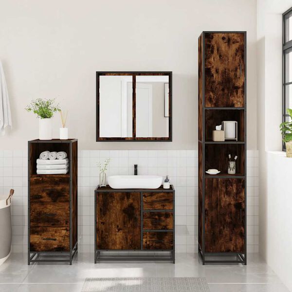 vidaXL Bathroom Furniture Set Smoked oak Engineered wood, metal, glass