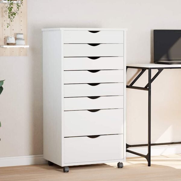 vidaXL Rolling Cabinet White Solid pine wood, engineered wood, plastic