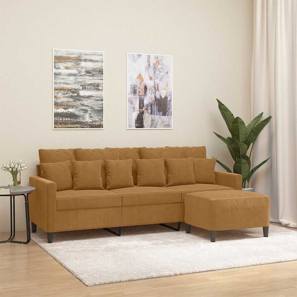 vidaXL 3-Seater Sofa With Footstool Brown Velvet Standard Modern