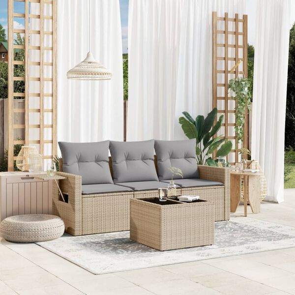 vidaXL Garden Sofa Set Beige PE rattan, Powder-coated steel, Tempered glass