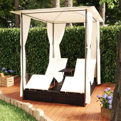 vidaXL Double Sun Lounger with Curtains Poly Rattan Brown