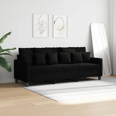 Black three-seat sofa with three seat cushions and back cushions, front view
