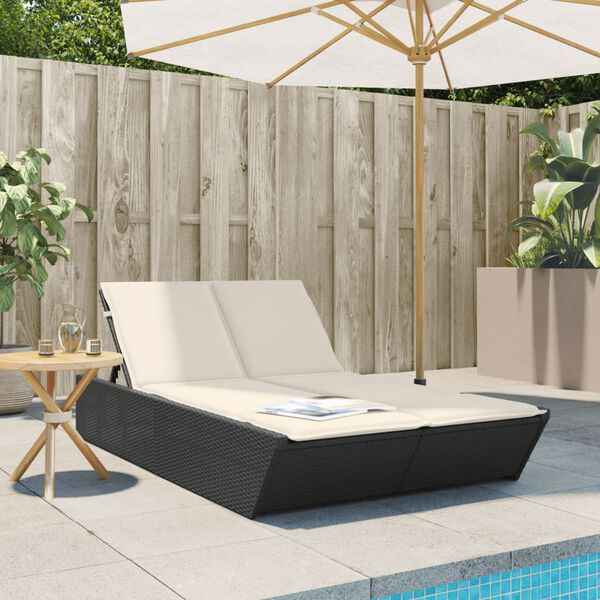 vidaXL Double Sun Lounger Black and Cream White PE Rattan Double