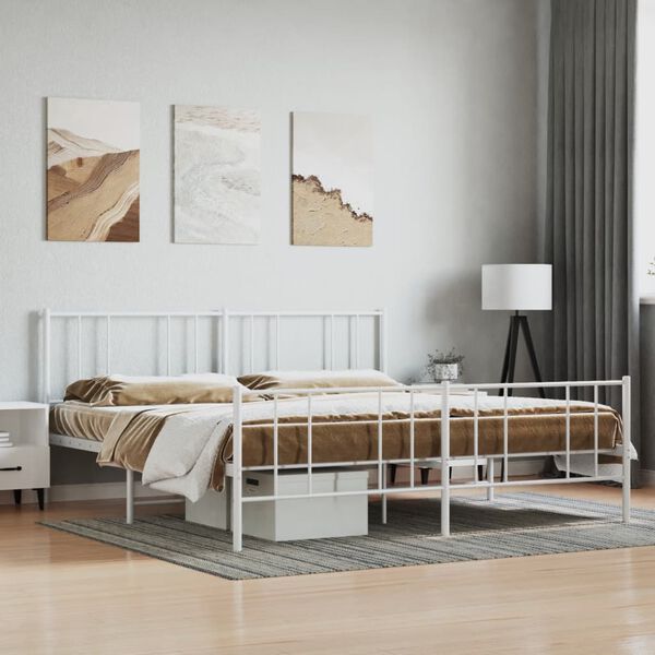 vidaXL Bed Frame White Powder-Coated Steel King Bed Frame Rectangular