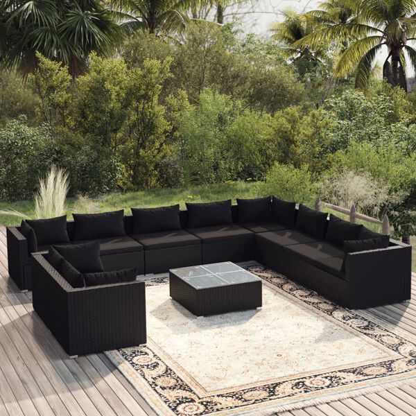 vidaXL Garden Lounge Set Black PE Rattan, Powder-Coated Steel, Glass Large