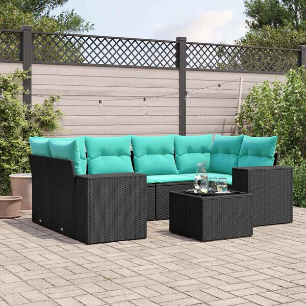 vidaXL 7 Piece Garden Sofa Set with Cushions Black Poly Rattan