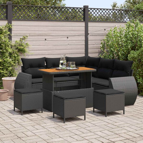 vidaXL Garden Sofa Set Height-Adjustable 9 pcs Black Poly Rattan