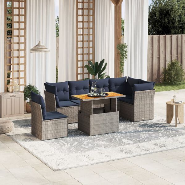 vidaXL 7 Piece Patio Sofa Set with Cushions Gray Poly Rattan