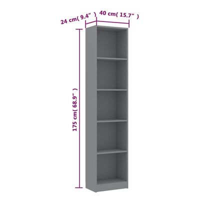 vidaXL 5-Tier Book Cabinet Gray 15.7"x9.4"x68.9" Engineered Wood
