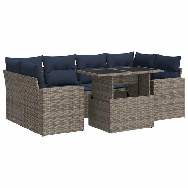 vidaXL 7 Piece Patio Sofa Set with Cushions Gray Poly Rattan Acacia