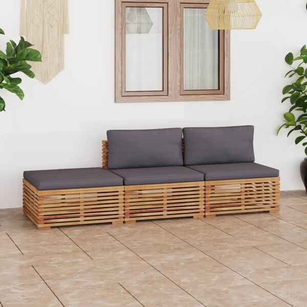 vidaXL 3 Piece Patio Lounge Set with Dark Gray Cushion Solid Teak Wood