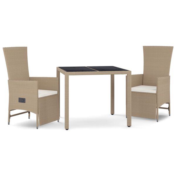 vidaXL 3 Piece Patio Dining Set with Cushions Beige Poly Rattan