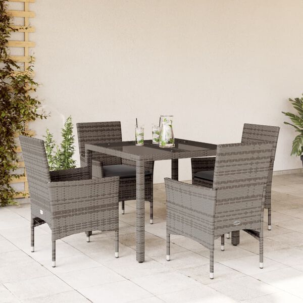 vidaXL 5 Piece Patio Dining Set with Cushions Grey Poly Rattan and Glass