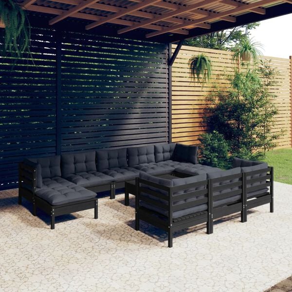 vidaXL Garden Lounge Set Black Solid pine wood, 100% polyester fabric
