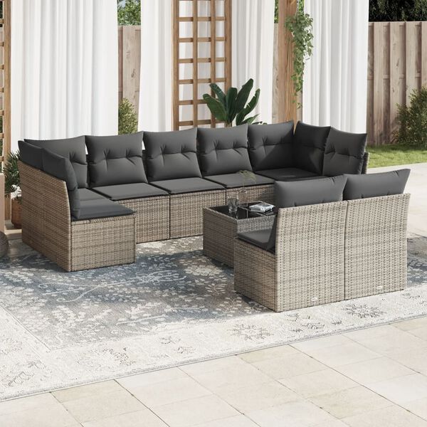 vidaXL Patio Sofa Set Gray PE rattan, powder-coated steel, tempered glass