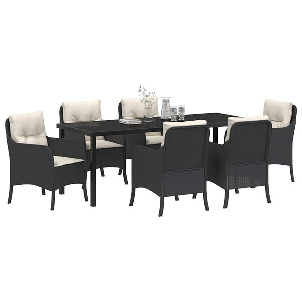 vidaXL Garden Dining Set with Cushion 7 pcs Black Poly Rattan