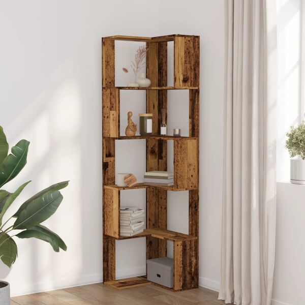 vidaXL Corner Bookcase 5-Tier Old Wood 19.7x19.7x70.5" Engineered Wood