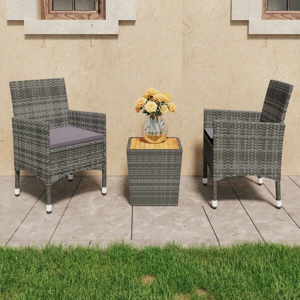 vidaXL 3 Piece Bistro Set Poly Rattan and Acacia Wood Gray