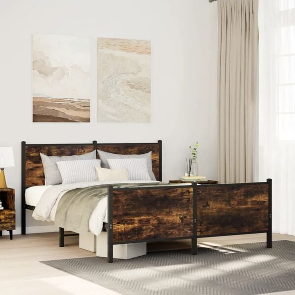 vidaXL Bed Frame Smoked Oak Steel, Engineered Wood 55.1 x 78.7 in