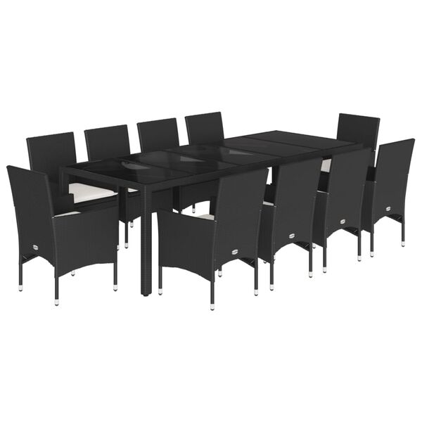 vidaXL 11 Piece Patio Dining Set with Cushions Black Poly Rattan and Glass