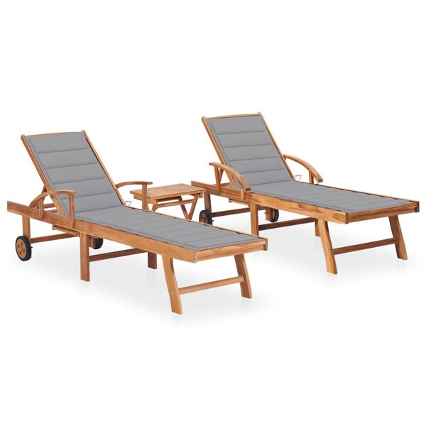 vidaXL Sun Lounger Set of 2 Natural wood, Grey cushion