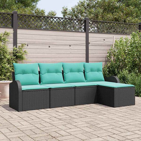 vidaXL Sofa Set with Cushion 5 pcs Black and Turquoise Poly Rattan