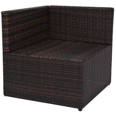 Close-up of brown wicker side table/ottoman with cushionless top