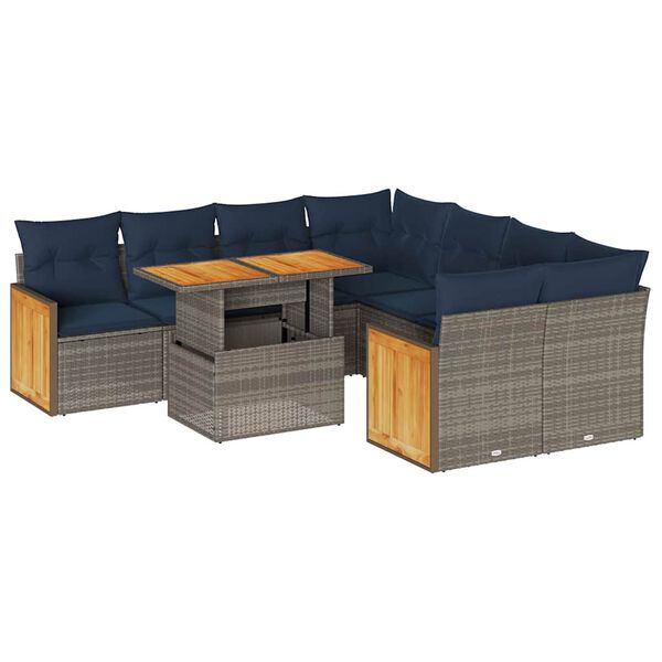 vidaXL 9 Piece Patio Sofa Set with Cushions Gray Poly Rattan Acacia