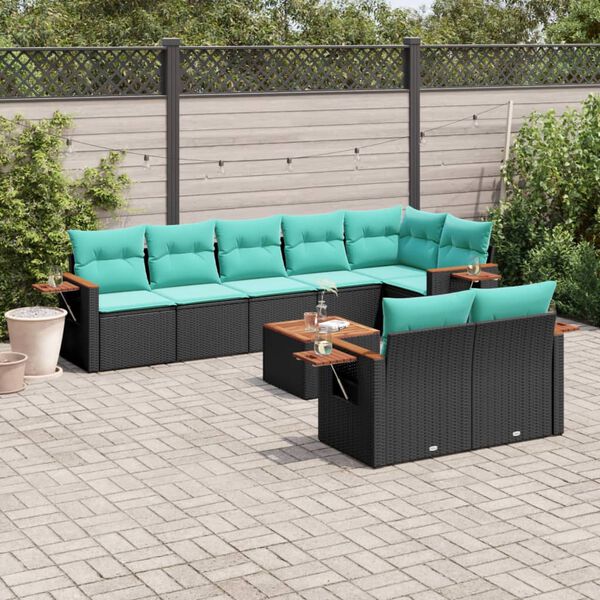 vidaXL 9 Piece Patio Sofa Set with Cushions Black Poly Rattan (US only)