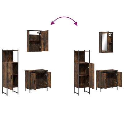 collage showing different angles of bathroom storage units including wall cabinets, tall cabinet, and vanity units; arrows indicate rotation/assembly.