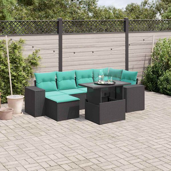 vidaXL 7 Piece Garden Sofa Set with Cushions Black Poly Rattan
