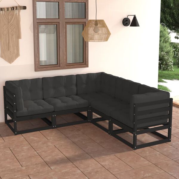 vidaXL Garden Lounge Set Black Solid Pine Wood, Polyester Fabric Medium