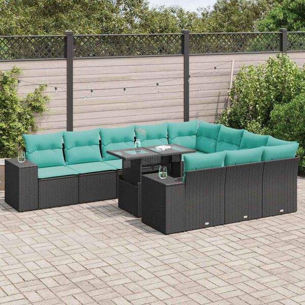 vidaXL 15 Piece Patio Sofa Set with Cushions Black Poly Rattan Acacia