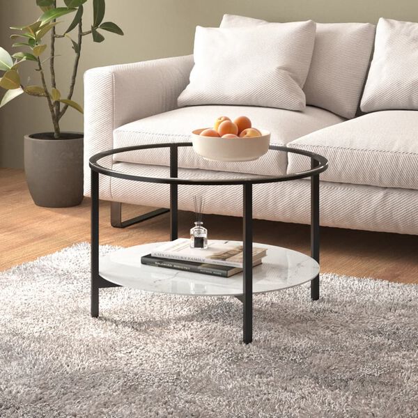 vidaXL Tea Table Black and White Marble Tempered Glass, Powder-Coated Iron