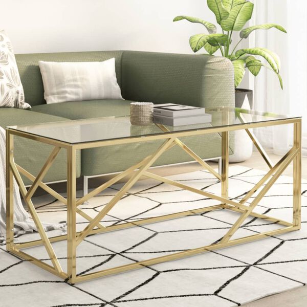 vidaXL Coffee Table Gold Stainless Steel, Tempered Glass Medium