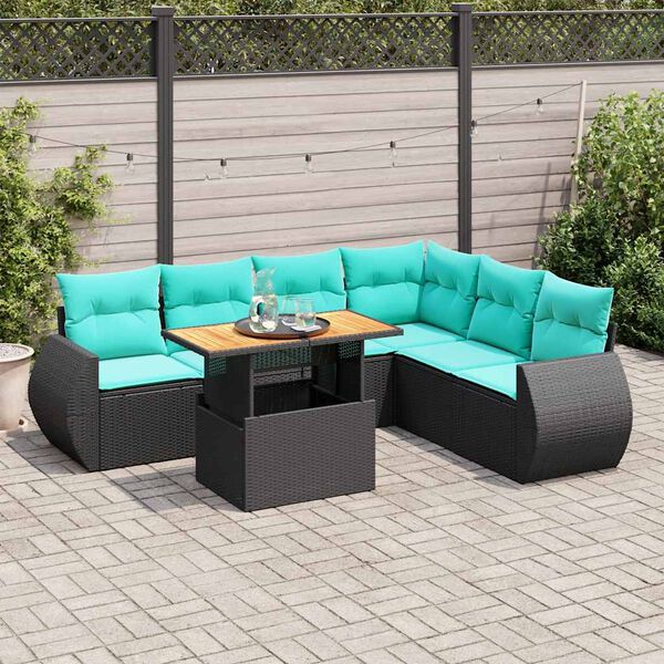 vidaXL 7 Piece Patio Sofa Set with Cushions Black Poly Rattan