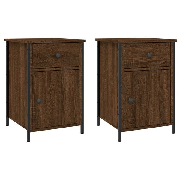 vidaXL Bedside Cabinet Set of 2 Brown Oak Engineered Wood, Iron Medium