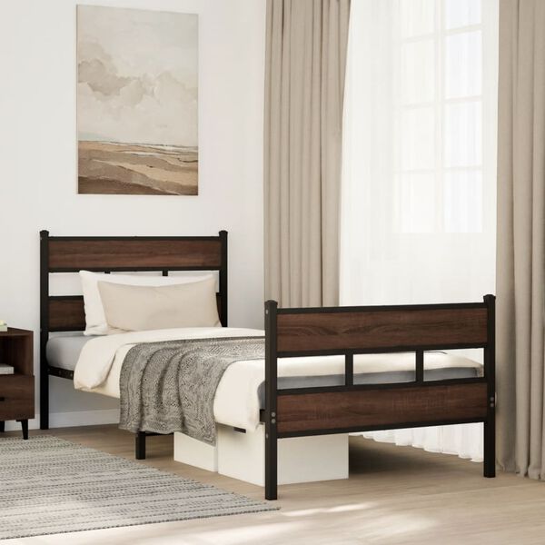 vidaXL Bed Frame Brown Oak Steel, Engineered Wood Small Single Bed Frame