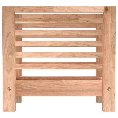 Front view of a wooden slatted rack with vertical side frames and horizontal slats