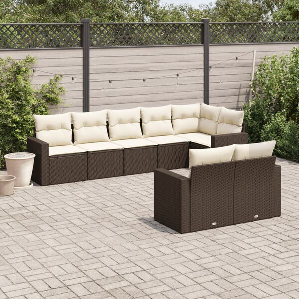 vidaXL Garden Sofa Set Brown, Cream White PE Rattan, Fabric (100% polyester)